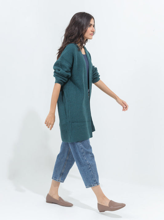 TEAL BLUE WAFFLE KNIT LONG SHRUG