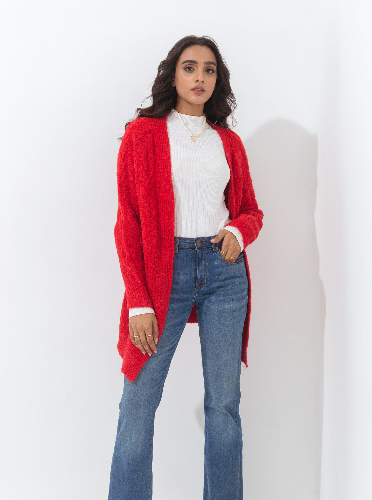 RED COMBINATION KNIT SHRUG