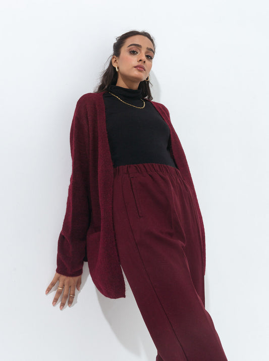 BURGUNDY SOFT FUR SHORT POCKET SHRUG