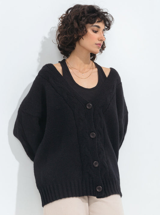 BLACK OVERSIZED BRAID KNIT CARDIGAN