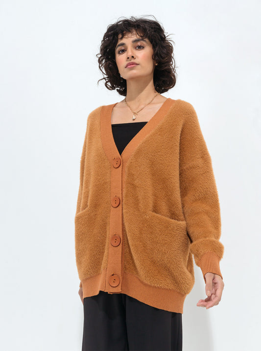 CAMEL BROWN OVERSIZED FUZZY CARDIGAN