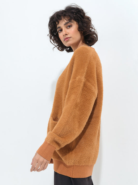 CAMEL BROWN OVERSIZED FUZZY CARDIGAN