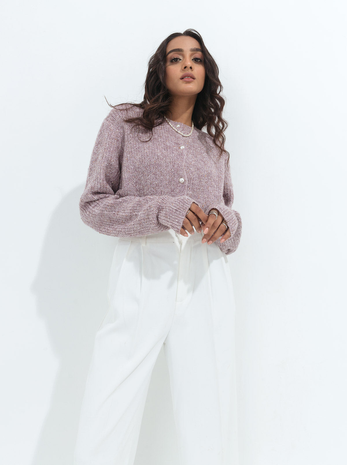 LILAC HEATHER PEARL BUTTON CARDIGAN