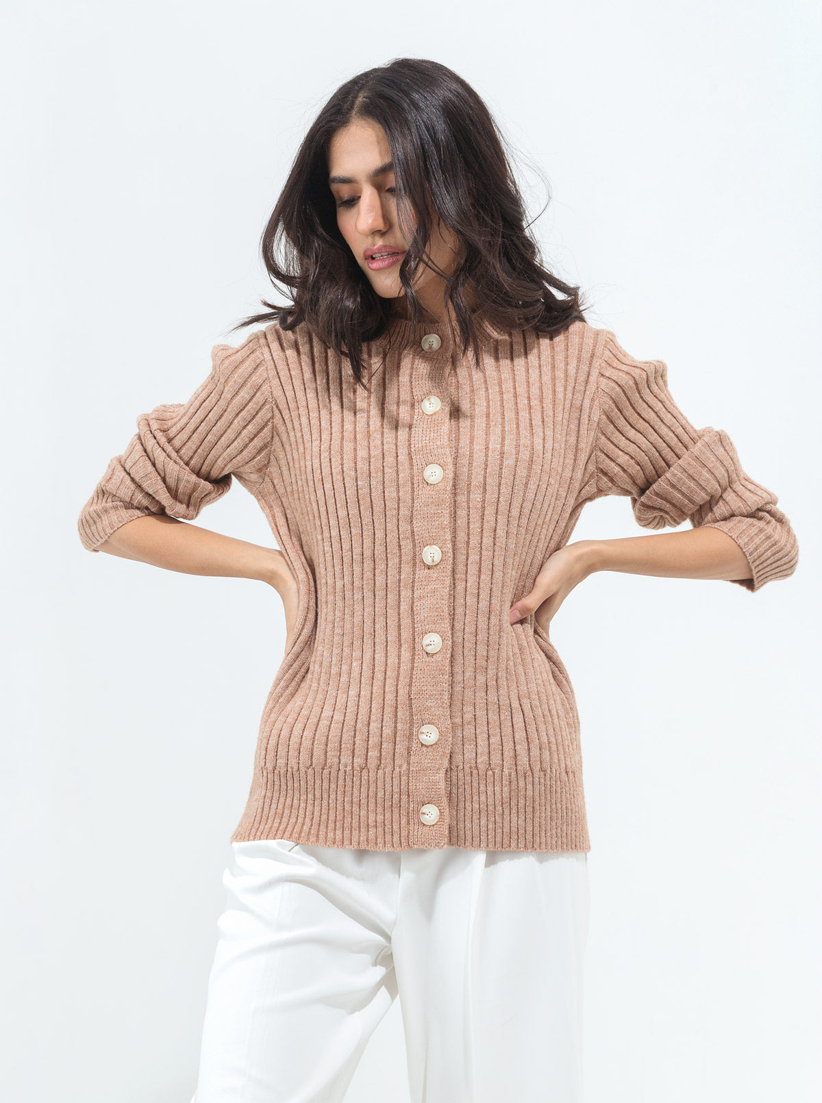 LIGHT BROWN HEATHER RIBBED CARDIGAN