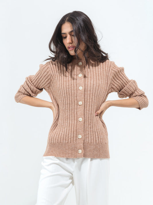 LIGHT BROWN HEATHER RIBBED CARDIGAN