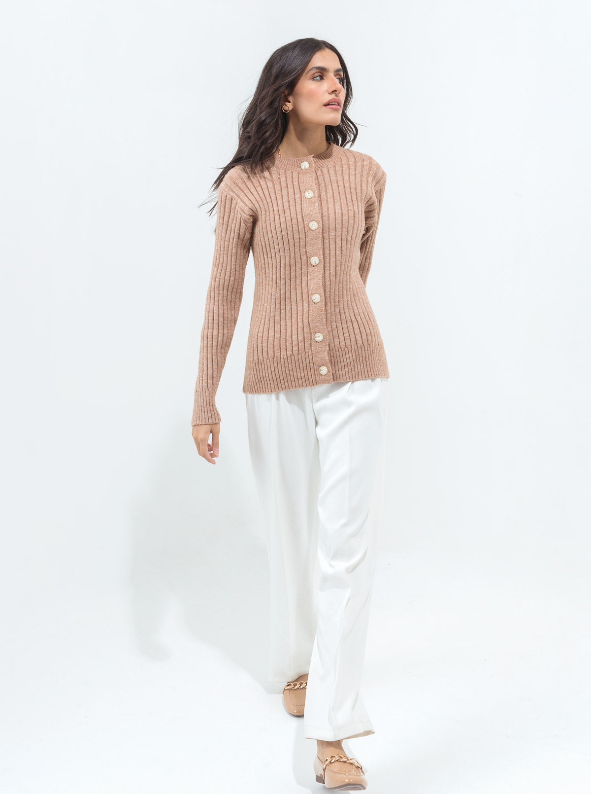 LIGHT BROWN HEATHER RIBBED CARDIGAN