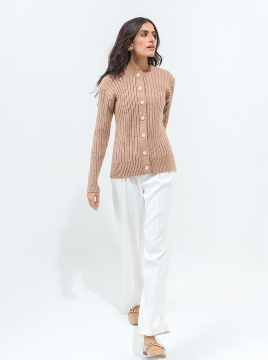 LIGHT BROWN HEATHER RIBBED CARDIGAN