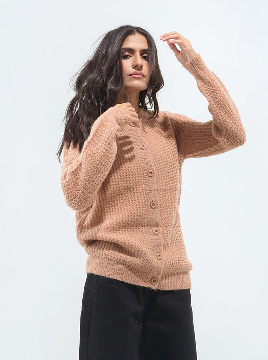 SALMON BROWN WAFFLE KNIT CARDIGAN