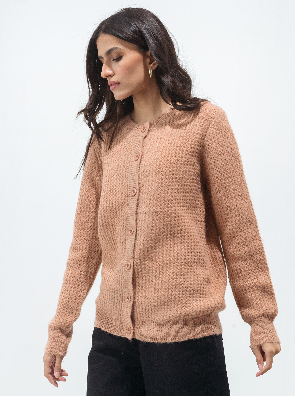 SALMON BROWN WAFFLE KNIT CARDIGAN