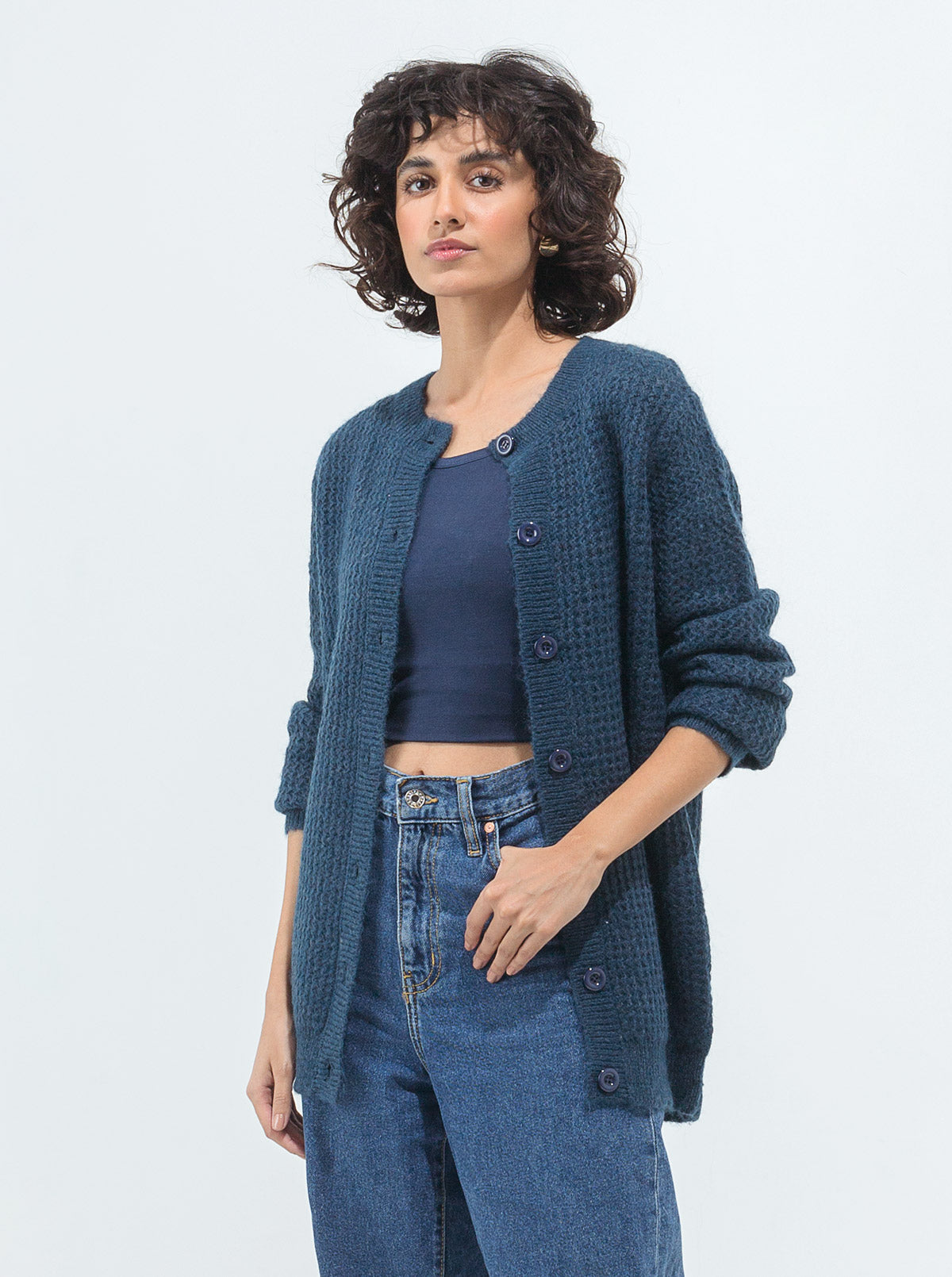 TEAL BLUE WAFFLE KNIT CARDIGAN