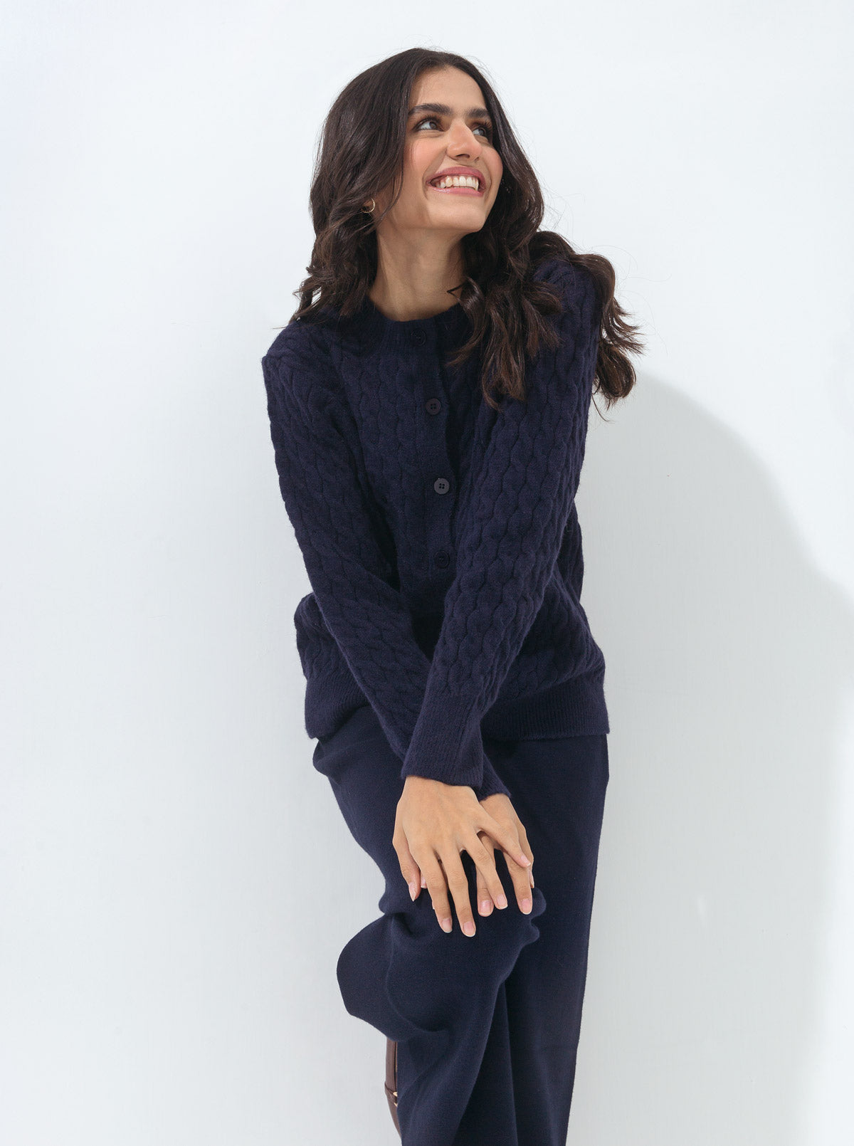 NAVY BLUE CABLE KNIT CARDIGAN