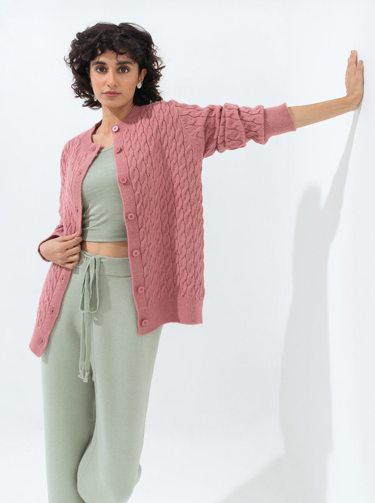 TEA PINK CABLE KNIT CARDIGAN