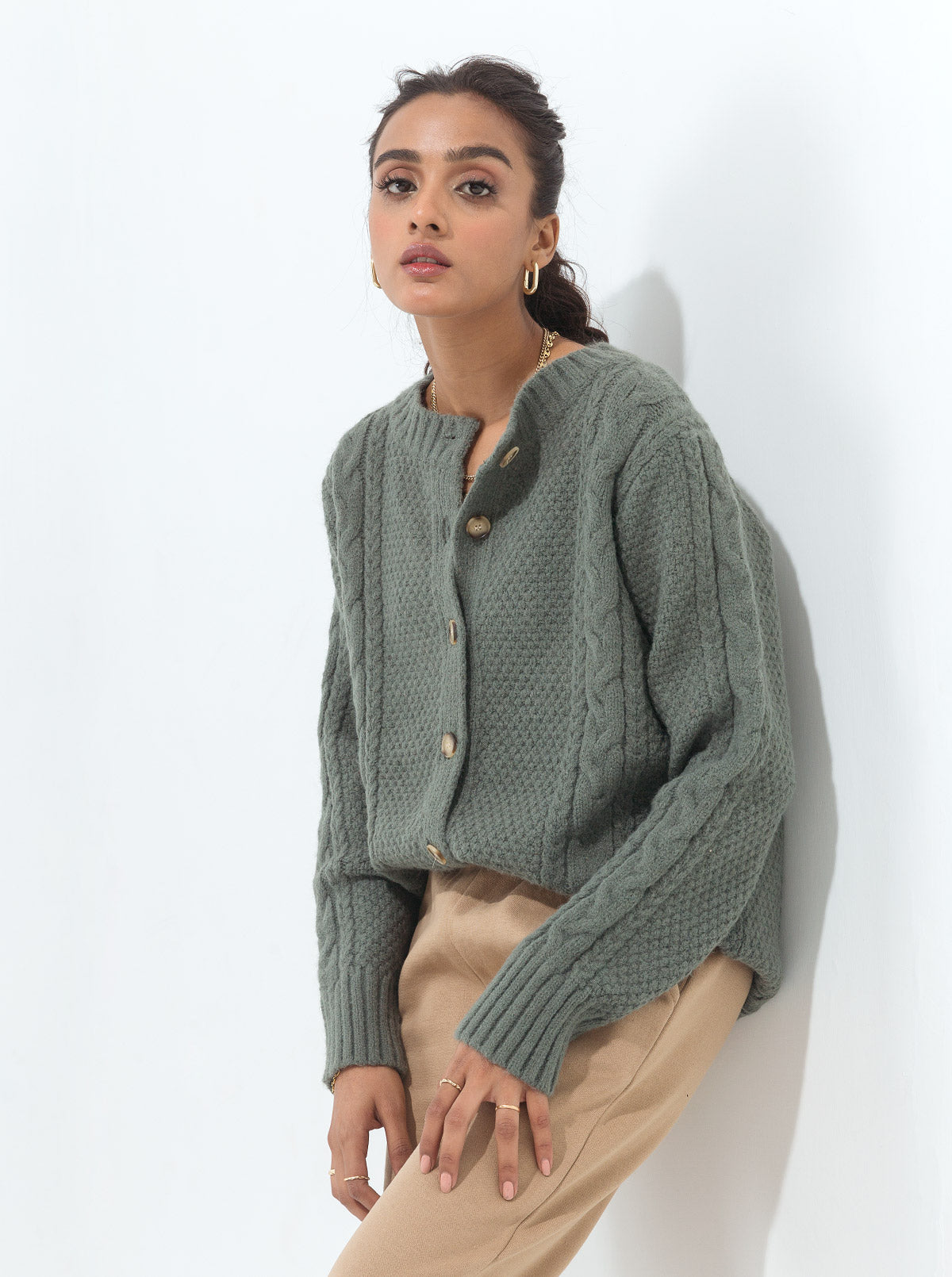 DULL GREEN COMBINATION CABLE KNIT CARDIGAN