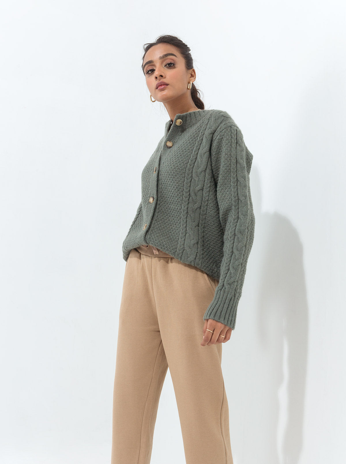 DULL GREEN COMBINATION CABLE KNIT CARDIGAN