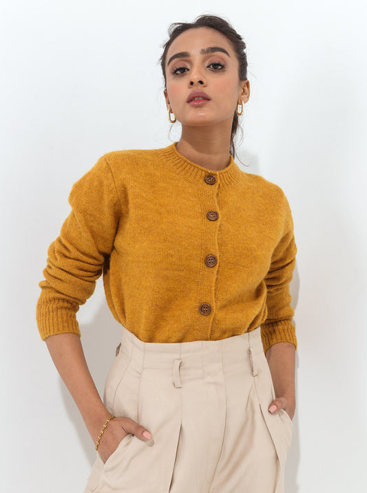 MUSTARD WOODEN BUTTON CARDIGAN