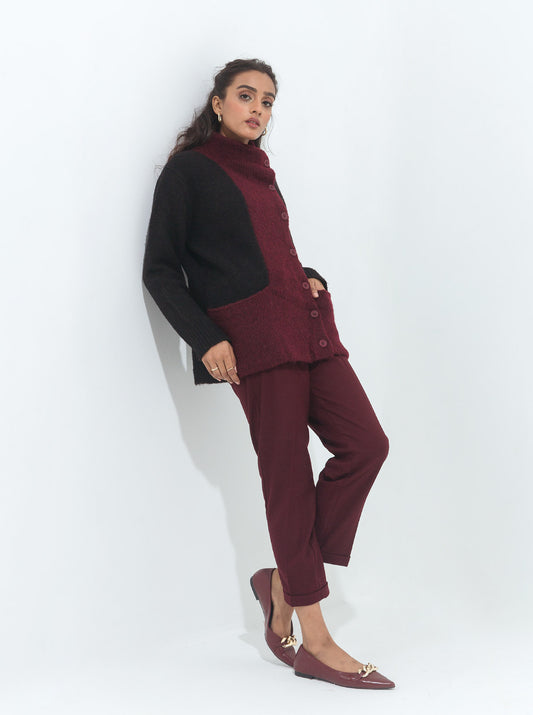 BLACK & MAROON COLOR BLOCK CARDIGAN