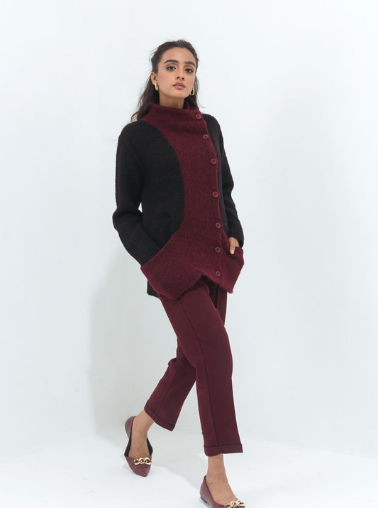 BLACK & MAROON COLOR BLOCK CARDIGAN