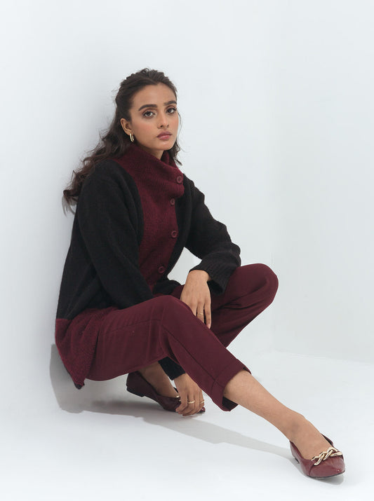 BLACK & MAROON COLOR BLOCK CARDIGAN