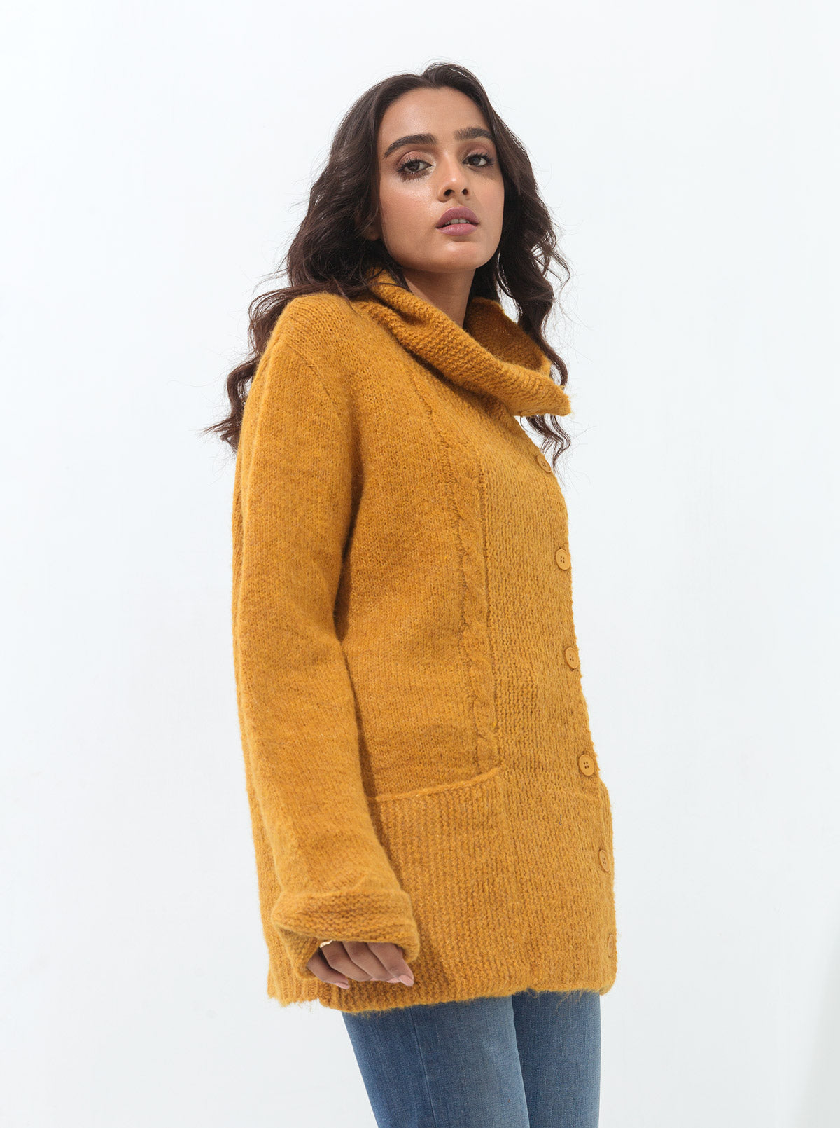 MUSTARD ASYMMETRICAL COLLAR CABLE KNIT CARDIGAN