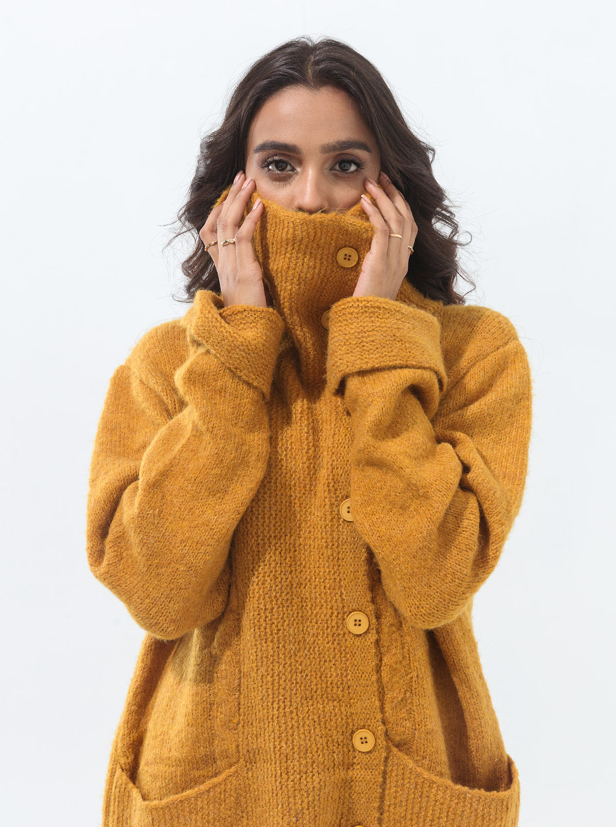 MUSTARD ASYMMETRICAL COLLAR CABLE KNIT CARDIGAN