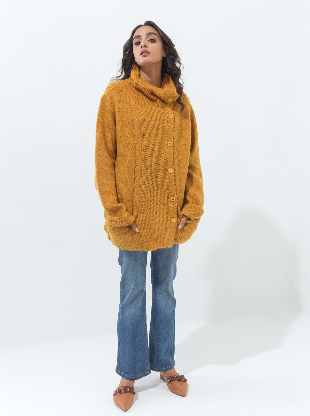 MUSTARD ASYMMETRICAL COLLAR CABLE KNIT CARDIGAN