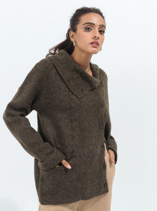 DARK OLIVE ASYMMETRICAL COLLAR CABLE KNIT CARDIGAN