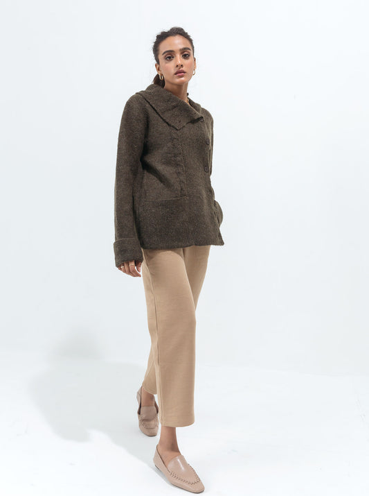 DARK OLIVE ASYMMETRICAL COLLAR CABLE KNIT CARDIGAN