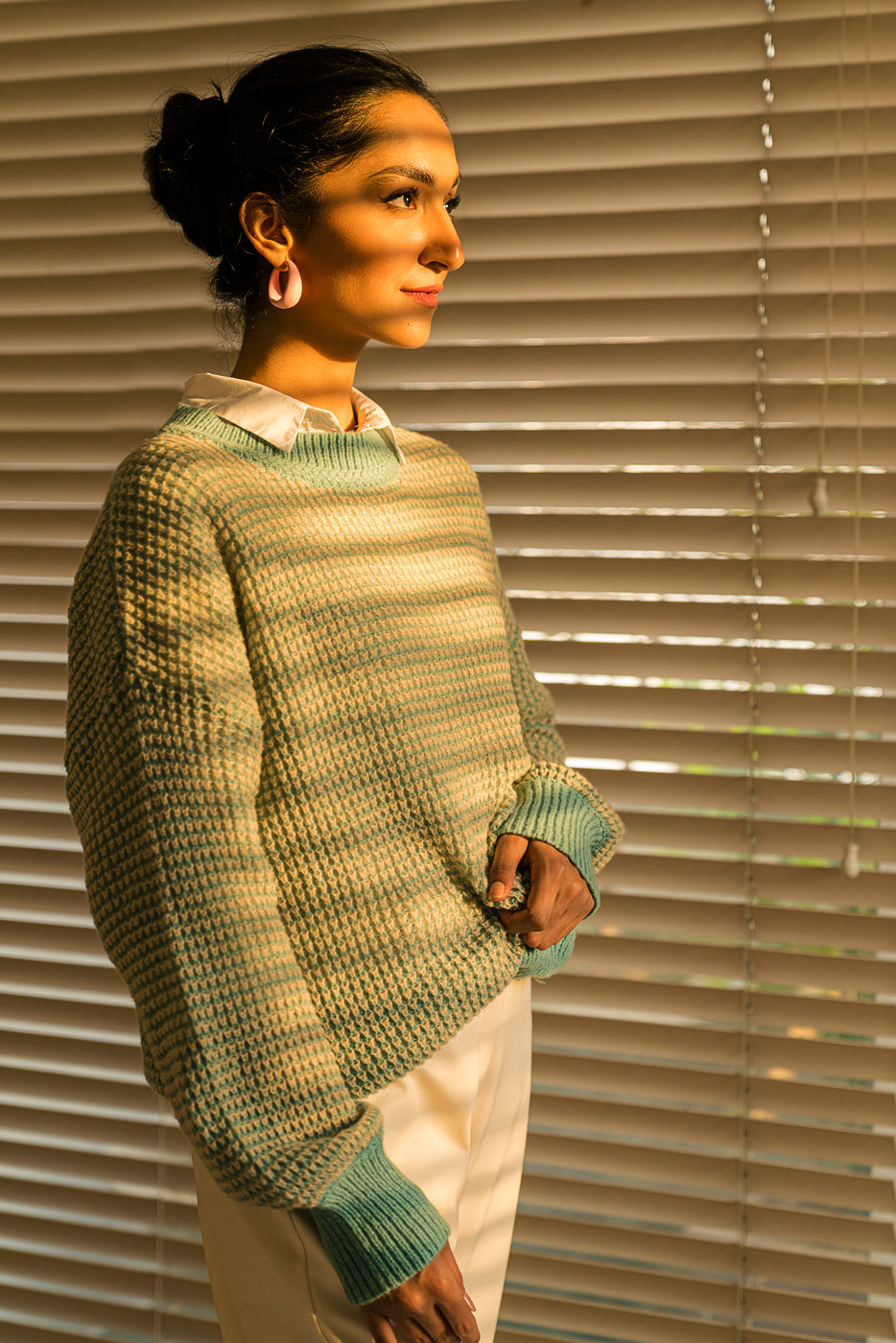 Green Mixed Yarn Pullover Sweater - BEECHTREE