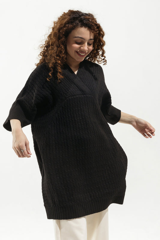 BLACK OVERLAPPED NECKLINE SWEATER