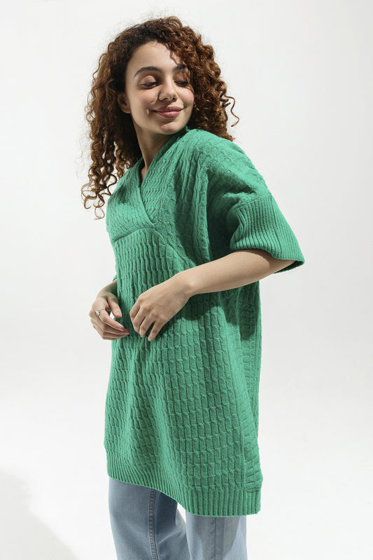 GREEN OVERLAPPED NECKLINE SWEATER