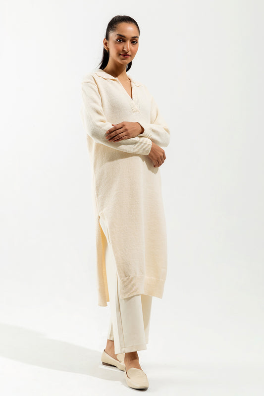 OFFWHITE COLLARED LONG SWEATER DRESS
