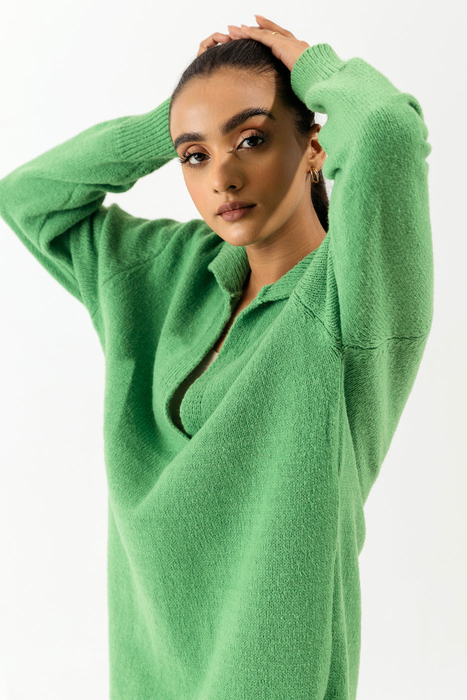 BRIGHT GREEN COLLARED LONG SWEATER DRESS