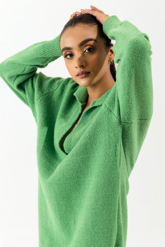 BRIGHT GREEN COLLARED LONG SWEATER DRESS
