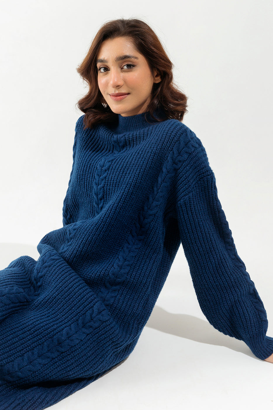 MIDNIGHT BLUE RIB-KNIT SWEATER DRESS