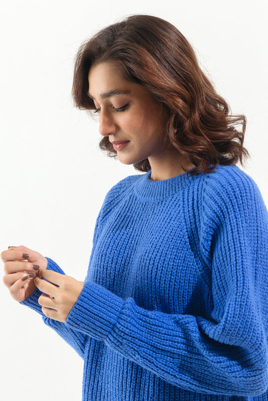 BLUE RIB-KNIT PULLOVER