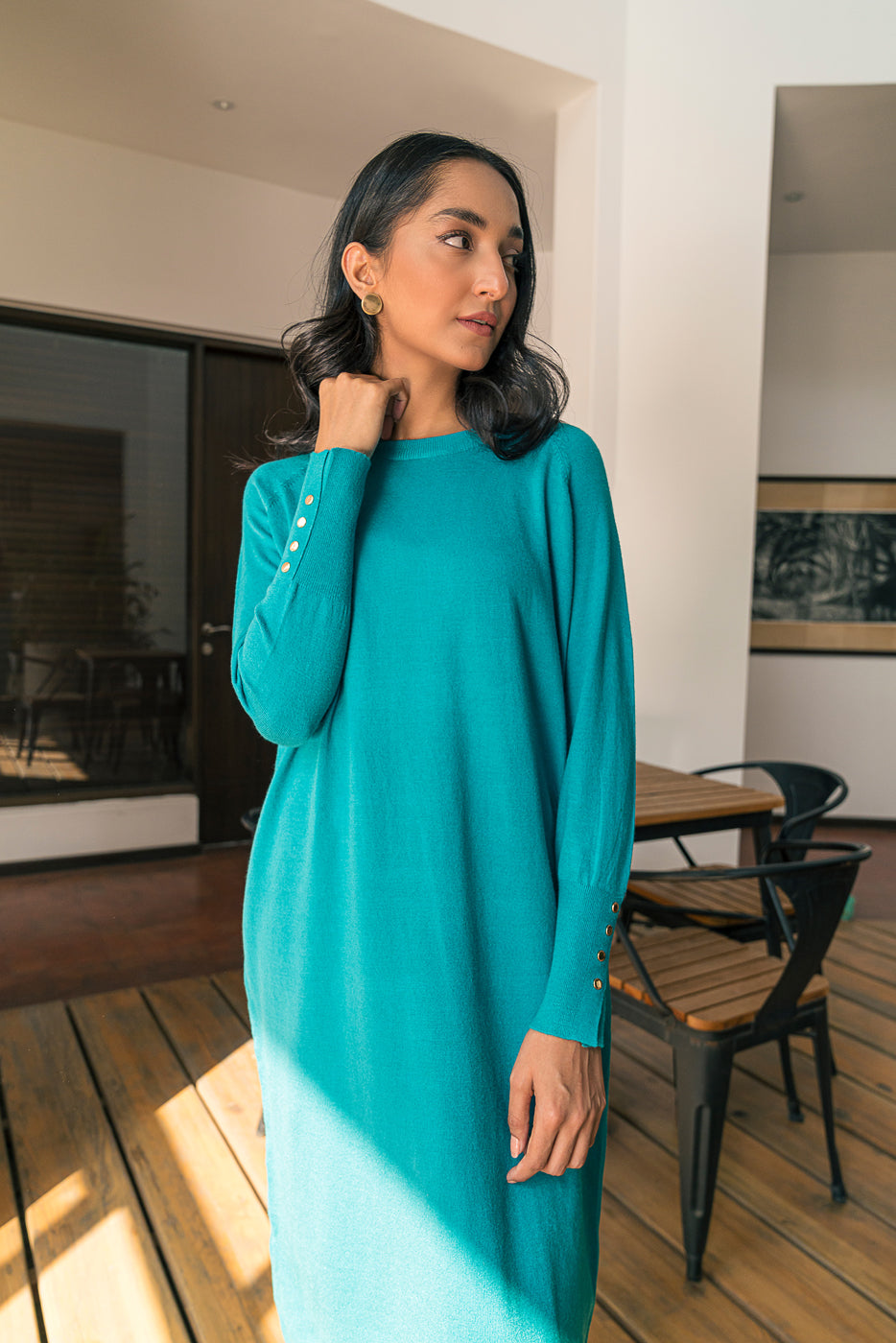 TURQUOISE BUTTONED LONG SWEATER DRESS