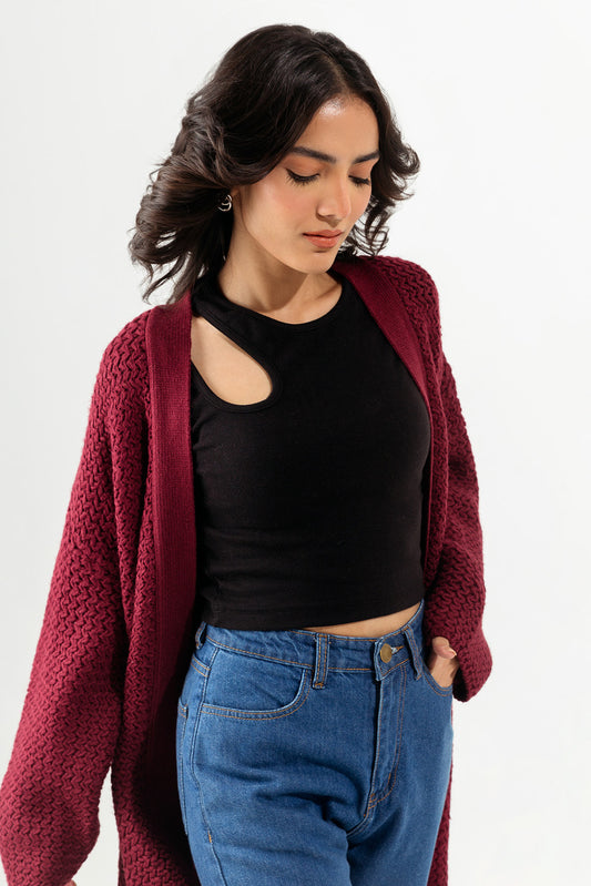 MAROON OPEN WAFFLE KNIT SHRUG