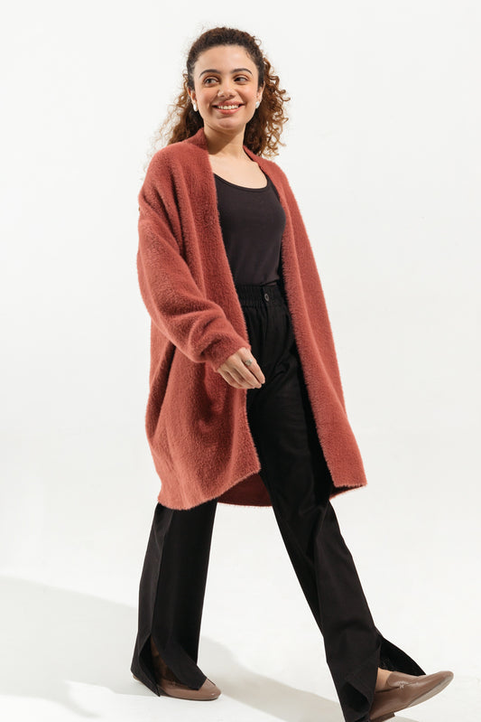 BRICK PINK FUZZY KNIT CARDIGAN