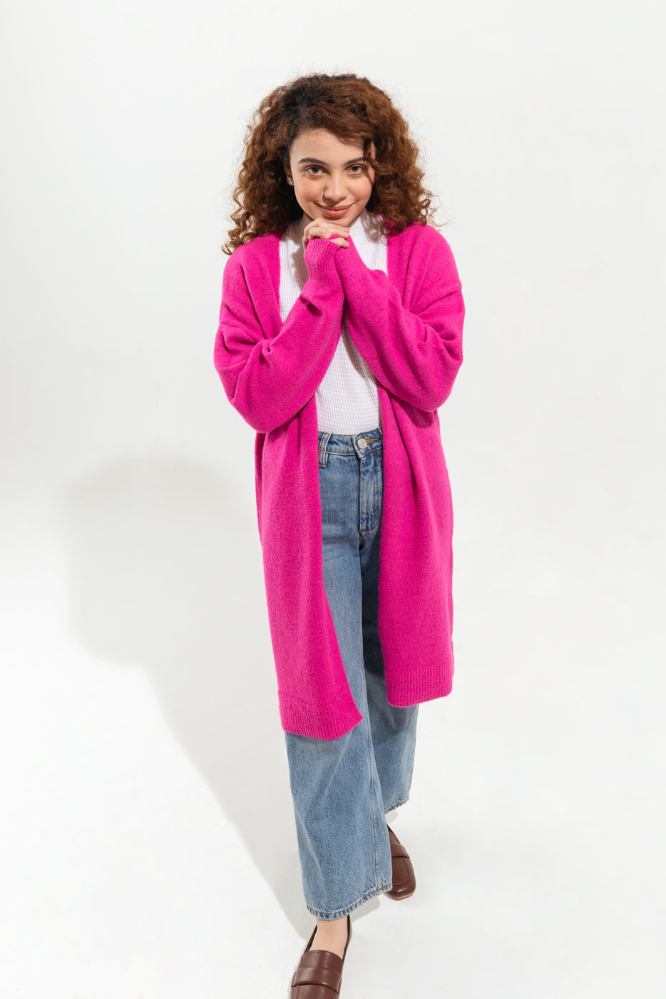 FUSCHIA LONG FINE KNIT CARDIGAN