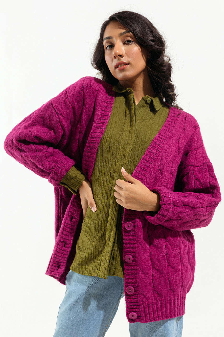 PLUM CHUNKY BRAIDED KNIT CARDIGAN