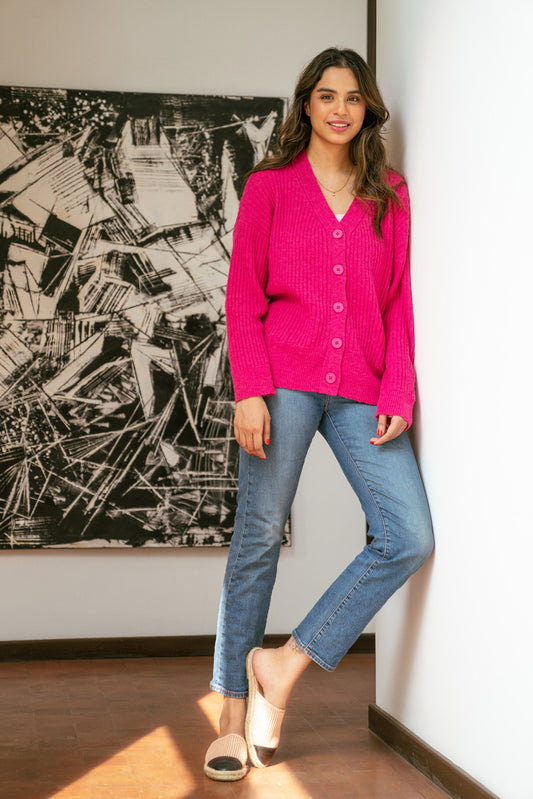 FUSCHIA OVERSIZED RIB KNIT CARDIGAN
