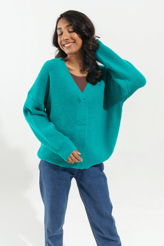 TURQUOISE RIBBED KNIT CARDIGAN