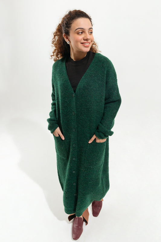 GREEN RIBBEN KNIT LONG CARDIGAN