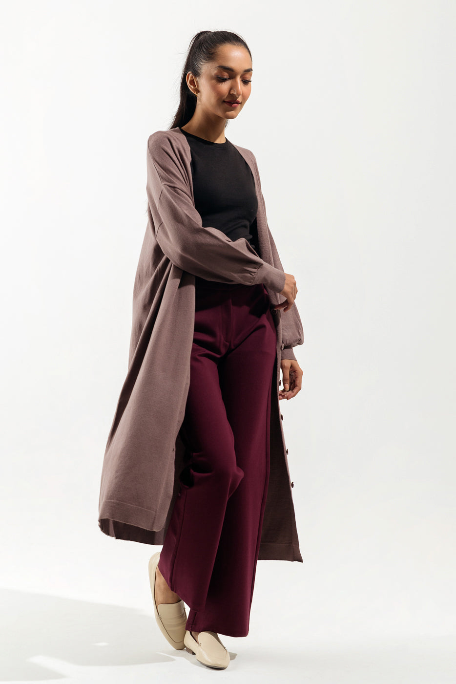 TAUPE LONG BUTTONED CARDIGAN