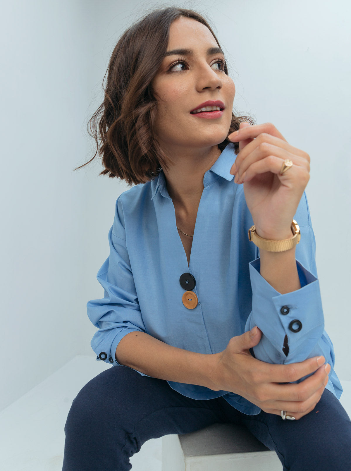 BLUE MULTI BUTTONED COLLAR SHIRT