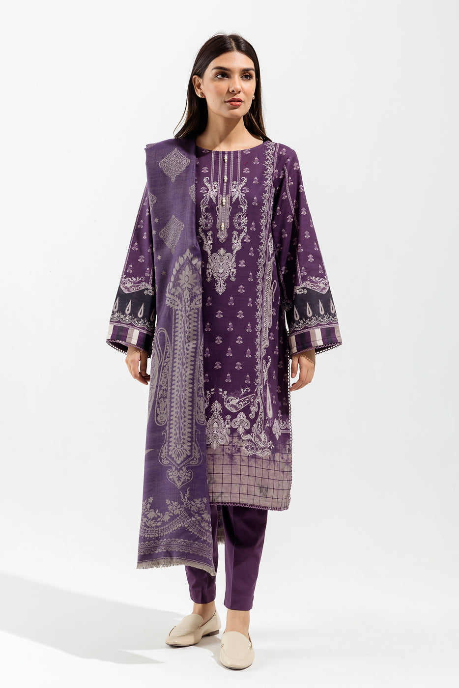 3 PIECE - PRINTED WITH SHAWL KHADDAR SUIT - INDIGO TRIBE (UNSTITCHED)