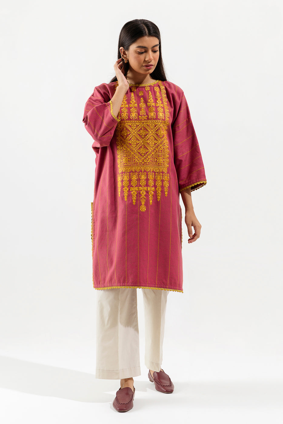 1 PIECE - EMBROIDERED HERRINGBONE SHIRT - SCARLET AZTEC