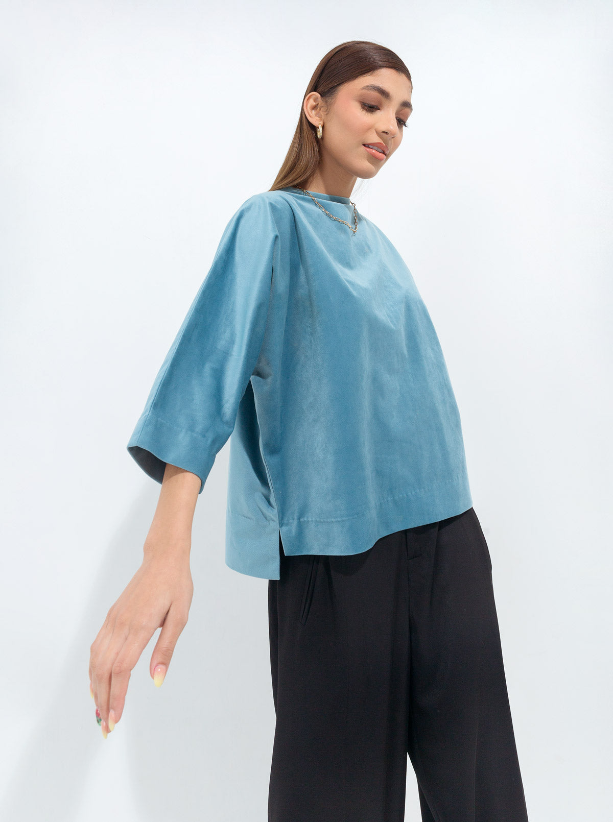 LIGHT TEAL VELOUR TOP