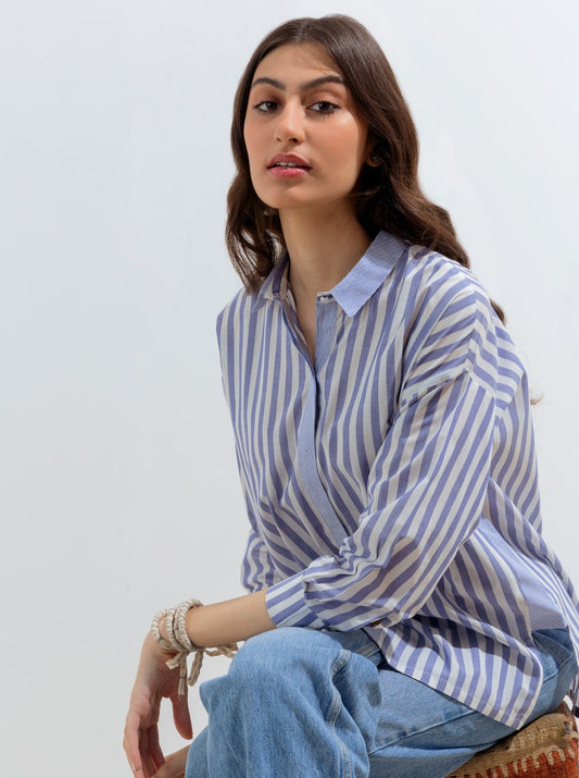 STRIPED COLLAR HI-LOW SHIRT