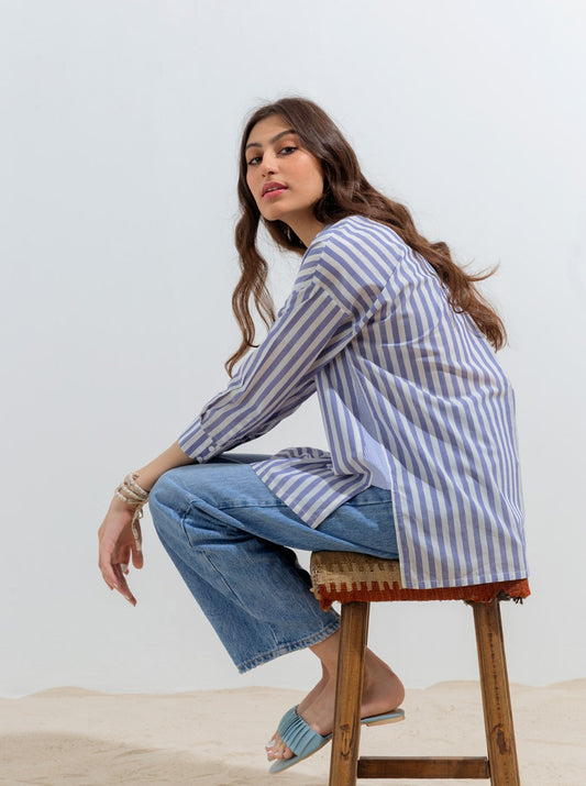 STRIPED COLLAR HI-LOW SHIRT